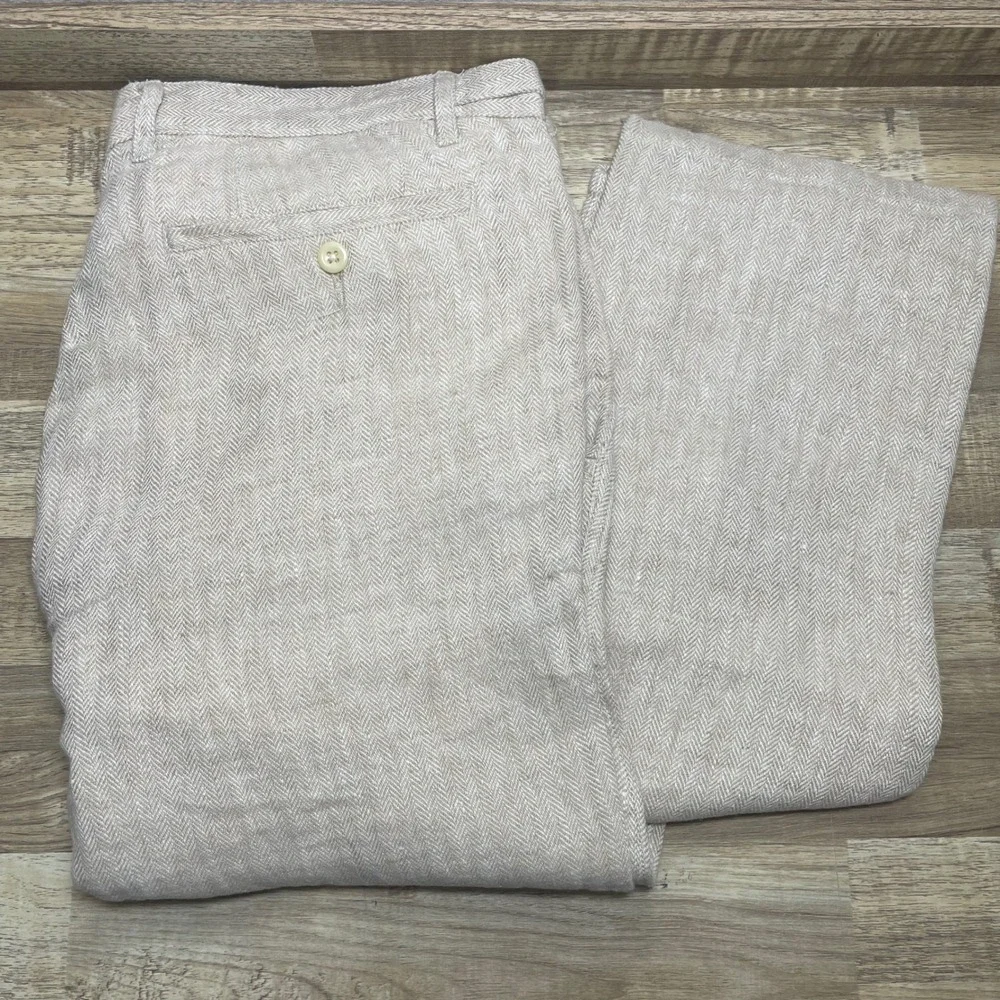 Corridor New York Mens 34 Herringbone Linen Trousers Beige Straight Leg Slacks